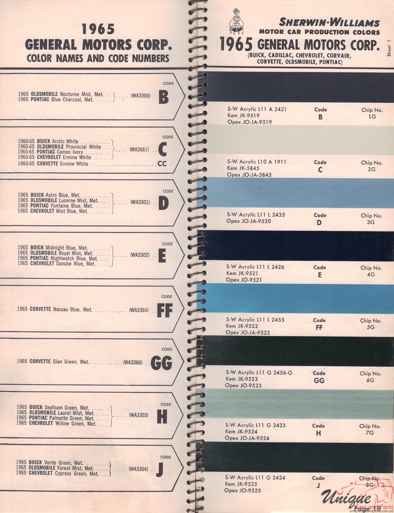 1965 General Motors Paint Charts Williams 1